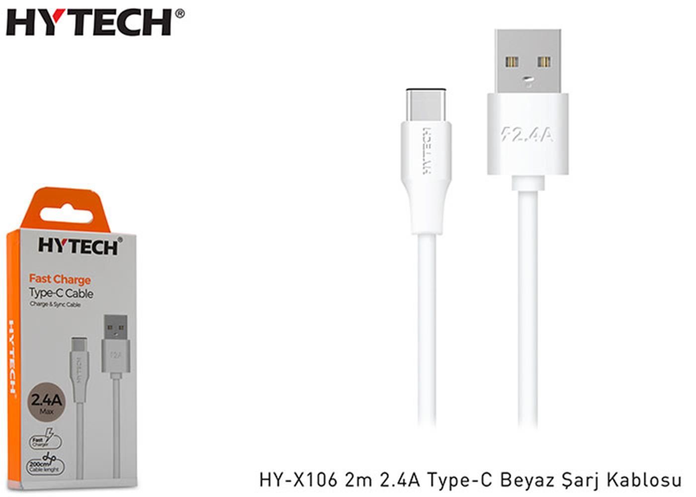 Hytech HY-X106 2.4A USB-A to USB-C 2 Metre Beyaz Hızlı Şarj ve Veri Kablosu