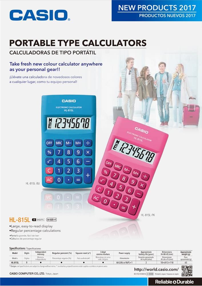 Casio HL-815L-PK 8 Haneli Pembe Taşınabilir Cep Tipi Hesap Makinesi