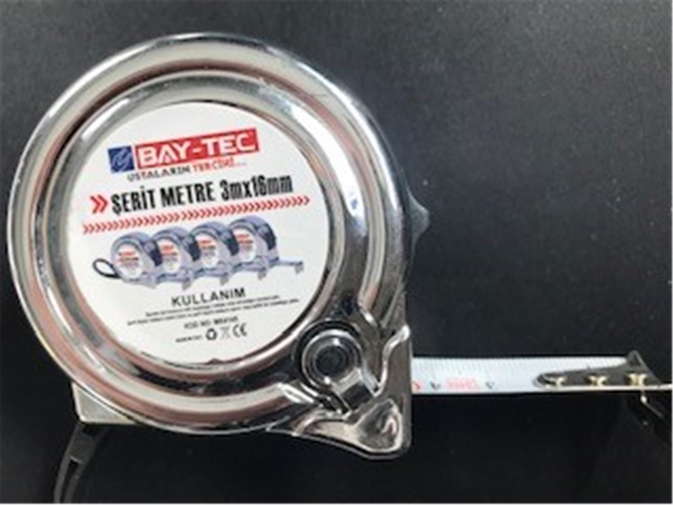 Bay-Tec MK4145 Krom Kaplı Şerit Metre 3 Metre x 16 mm (Darbeye Dayanıklı)