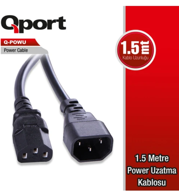 QPORT Q-POWU 1.5 Metre Güç (Power) Uzatma Kablosu IEC C13 Uzatma Elektrik Güç Kablosu PC PSU Monitör Uyumlu