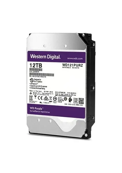 12 TB WD 3.5 PURPLE SATA3 72000RPM 256MB 7/24 GUVENLIK WD122PURP (3 YIL RESMI DIST GARANTI)