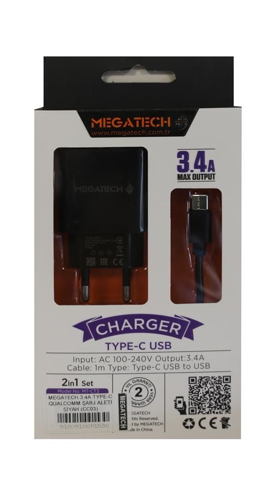 Megatech 3.4A Qualcomm Quick Charge 3.0 USB Hızlı Ev Şarj Adaptörü + Type-C Kablo Seti - Siyah