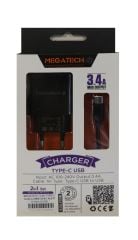 Megatech 3.4A Qualcomm Quick Charge 3.0 USB Hızlı Ev Şarj Adaptörü + Type-C Kablo Seti - Siyah