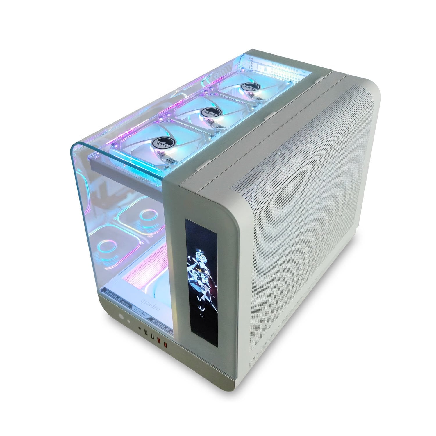 Quadro QX100 EAGLE Pencereli Dahili Led Ekranlı Beyaz Oyuncu Kasası (9x RGB Fan Dahil)