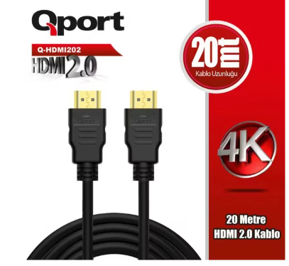 QPORT Q-HDMI202 HDMI 2.0 V 20 Metre 4K 60Hz Ultra HD Uzun Mesafe Görüntü ve Ses Aktarım Kablosu Altın Uçlu High Speed HDMI