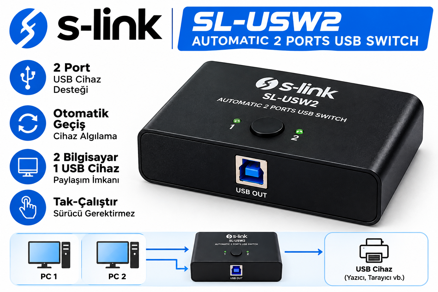 S-link SL-USW2 AUTOMATIC 2 PORTS USB SWITCH
