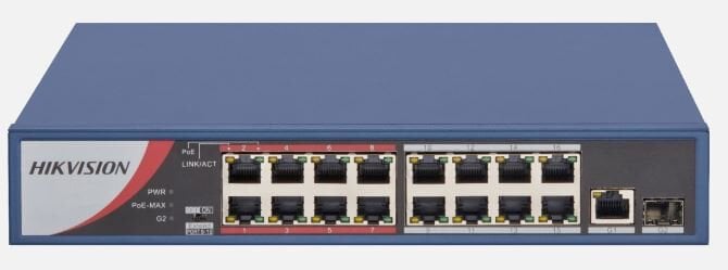 HIKVISION DS‑3E0318P‑E/M 16×10/100 Mbps PoE‑af/at Port, 1× Gigabit RJ45 + 1× Gigabit SFP Combo Uplink, 130 W PoE Gücü Unmanaged Switch