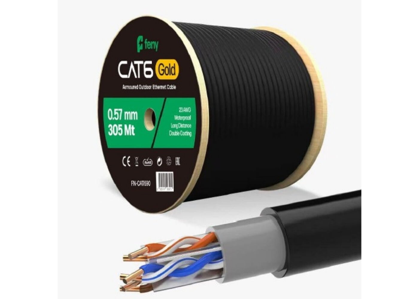 Feny FN-CAT690 CAT6 UTP 23AWG 0.57mm Çift Katmanlı (Double Jacket) Dış Ortam Network Kablosu - 305 Metre