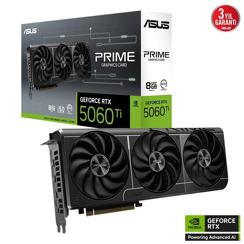 Asus PRIME GeForce RTX 5060 Ti 8 GB GDDR7 28 Gbps 128‑bit PCIe 5.0 Eskort RTX5060TI‑8G 2647 MHz Boost Siyah Ekran Kartı