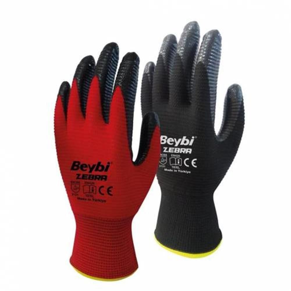 Beybi PN Zebra Nitril Kaplı Polyester Örme İş Eldiveni Kırmızı/Siyah 10 Beden (XL) 12 Çift EN388 (3131X)