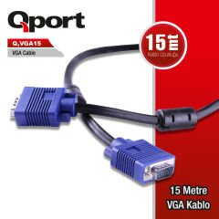 Qport Q-VGA15 15 Metre Full HD Destekli 15-Pin Erkek/Erkek VGA Monitör ve Projeksiyon Kablosu