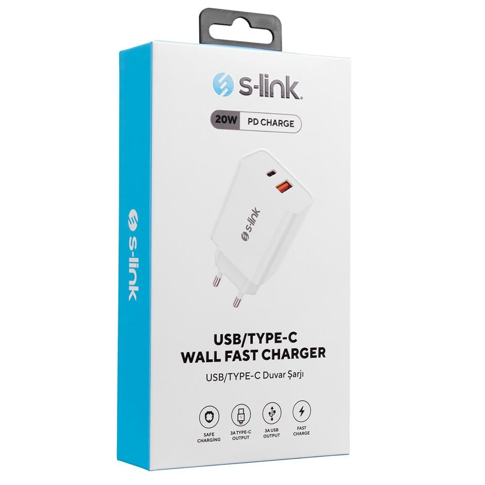 S-link SL-EC60 20W Power Delivery 3.0 & Quick Charge 3.0 Dual Port (USB-C + USB-A) Hızlı Şarj Adaptörü - Beyaz