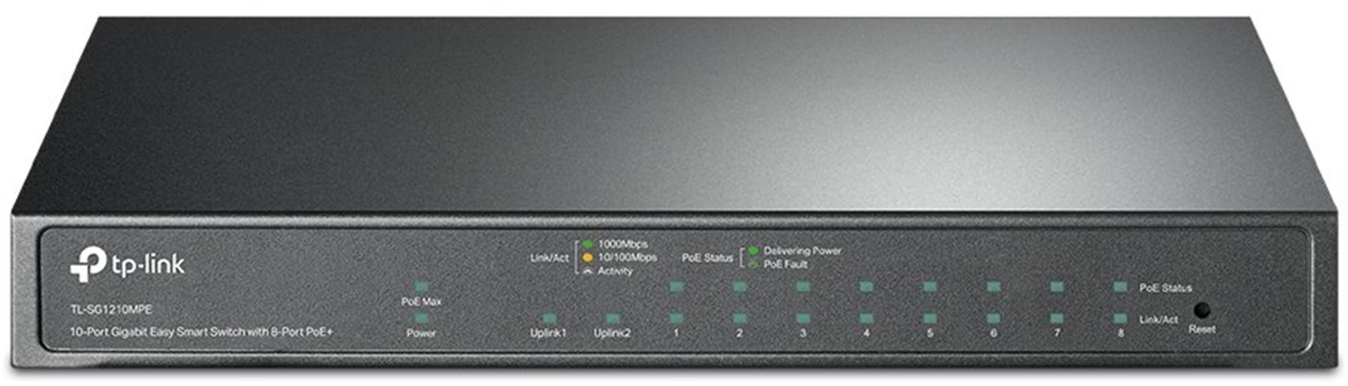 TP‑Link TL‑SG1210MPE 10‑Port Gigabit Easy Smart Switch 8× 802.3af/at PoE+ (30 W/port, 123 W toplam) 1× Non‑PoE RJ45 + 1× Combo Gigabit SFP/RJ45 – Fanless – Web GUI & Easy Smart Utility – Masaüstü/Rack Kullanım