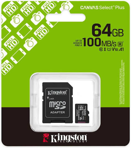 KINGSTON 64GB Canvas Select Plus MicroSDXC Class 10 Gen3 100MB/s A1 Card + Adapt
