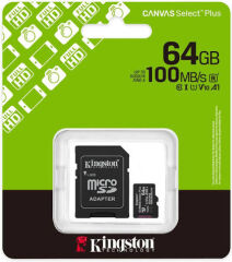 KINGSTON 64GB Canvas Select Plus MicroSDXC Class 10 Gen3 100MB/s A1 Card + Adapt