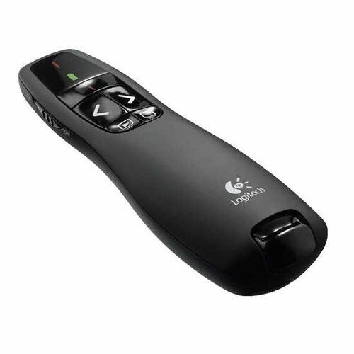Logitech R400 Wireless Presenter — Model 910-001356, 2.4 GHz USB alıcı, lazer işaretçi, ileri/geri slayt kontrol, siyah