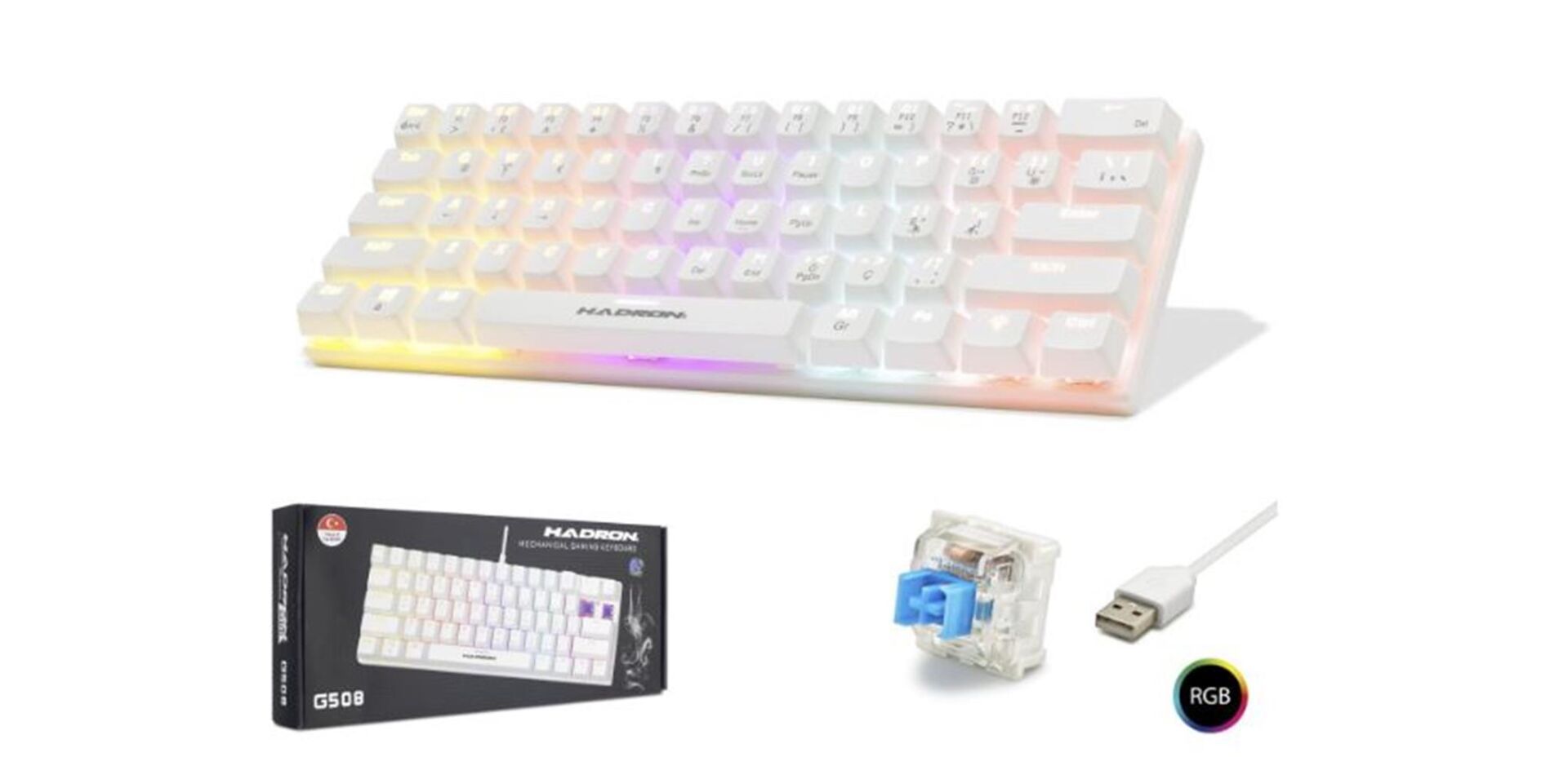 Hadron G508B Mekanik Blue Switch RGB Kablolu Beyaz Mini Oyuncu Klavyesi