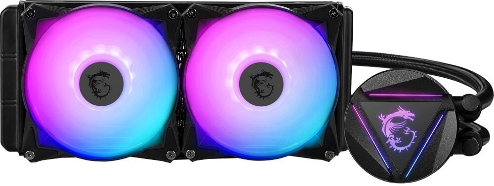 MSI MAG CORELIQUID 240R V2 ARGB 240mm Dual 120mm Fan PWM 500‑2000 RPM 21.63‑78.73 CFM 14.3–34.3 dBA Pompa 4200 RPM Intel/AMD Soket Uyumlu Siyah Sıvı İşlemci Soğutucu