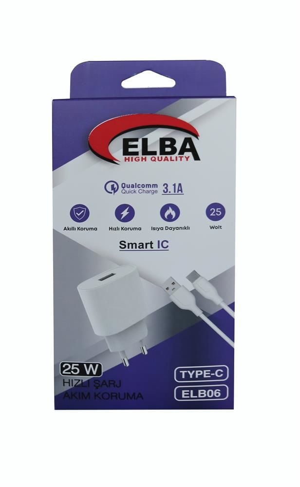 Elba ELB06-USB-25WTypc 25W Quick Charge 4.0 USB Duvar Şarj Cihazı ve 1 Metre Type-C Kablo - Beyaz