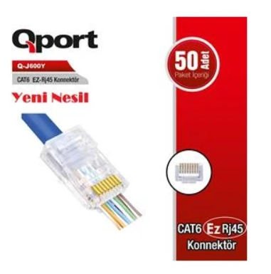 QPORT Q-J600Y CAT6 EZ-RJ45 Yeni Nesil 50’li Paket Ethernet Konnektör Seti