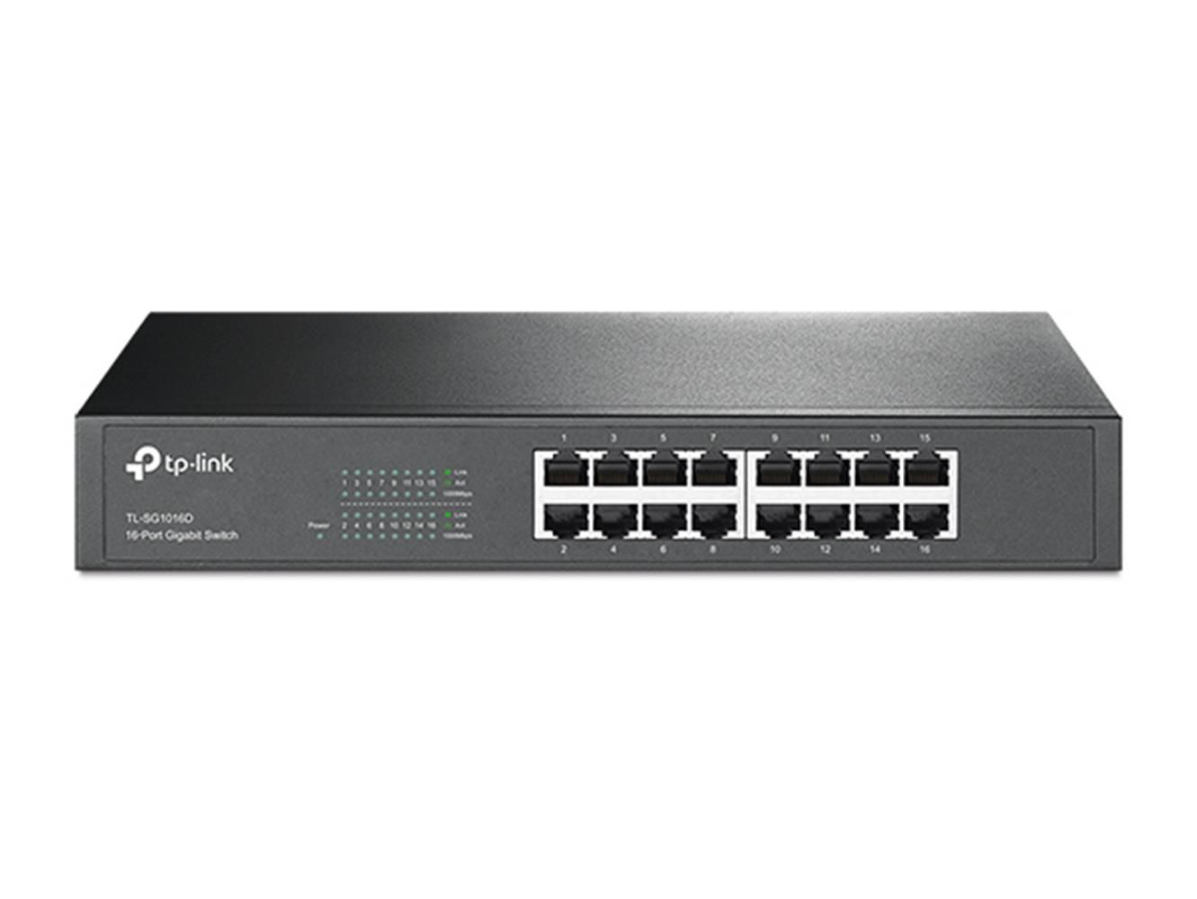 TP‑Link TL‑SG1016D 16 Port 10 / 100 / 1000 Mbps Gigabit Unmanaged Switch Rack‑mount Çelik Kasa (1U), Fanless, İç Power‑Supply