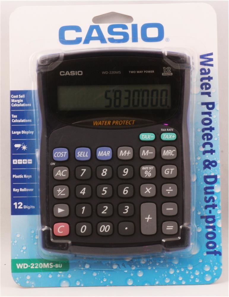 Casio WD-220MS-BU Mavi Suya ve Toza Dayanıklı 12 Haneli Masaüstü Hesap Makinesi