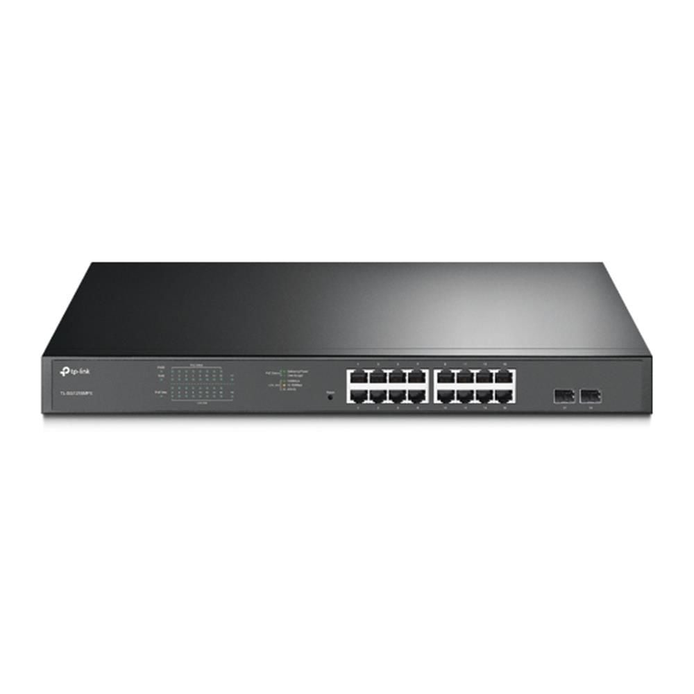 TP‑Link TL‑SG1218MP 18‑Port Gigabit Rackmount PoE+ Switch – 16× 10/100/1000 Mb/s PoE+ (802.3at/af) portu, 2× 10/100/1000 uplink portu & 2× combo SFP; 250 W toplam PoE bütçesi; metal kasa; rack-mount