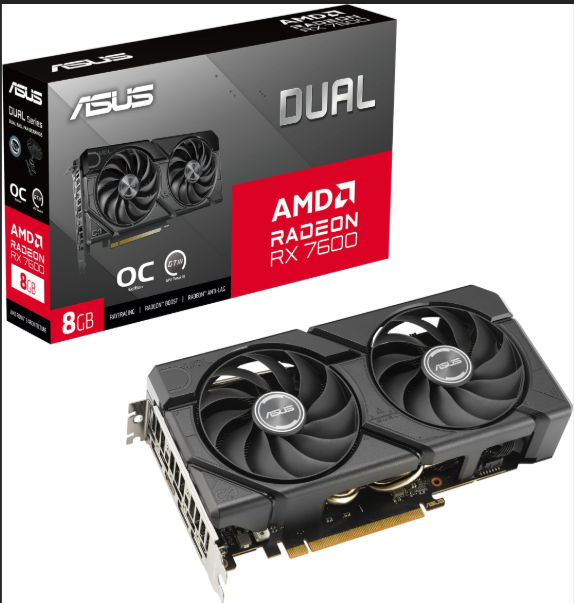 ASUS Dual Radeon RX 7600 EVO OC Edition 8 GB GDDR6 128‑bit PCIe 4.0 HDMI 2.1 + 3×DP 1.4a Axial‑tech Çift Fan 0 dB Teknolojili Oc