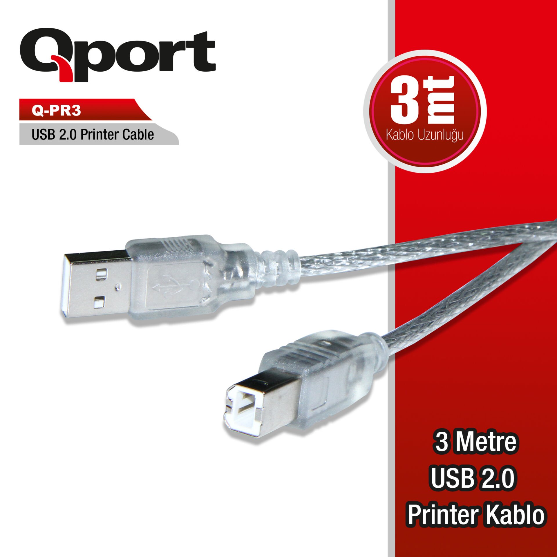 Qport Q-PR3 3 Metre USB 2.0 A-Male to B-Male Yazıcı Kablosu