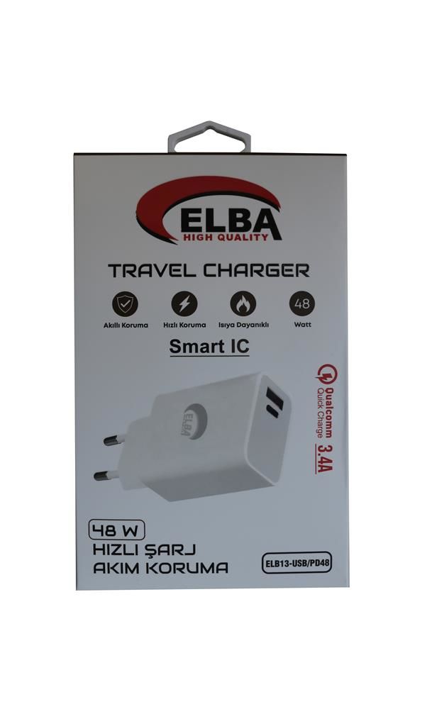 Elba ELB13 48W Çift Portlu (USB + Type-C PD) Akıllı Korumalı ve Isıya Dayanıklı Hızlı Şarj Adaptörü