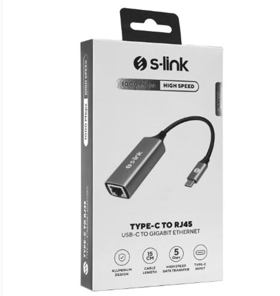 S-link SW-U336 Type-C - Gigabit Ethernet (RJ45) Dönüştürücü Adaptör - Gri Metal Kasa