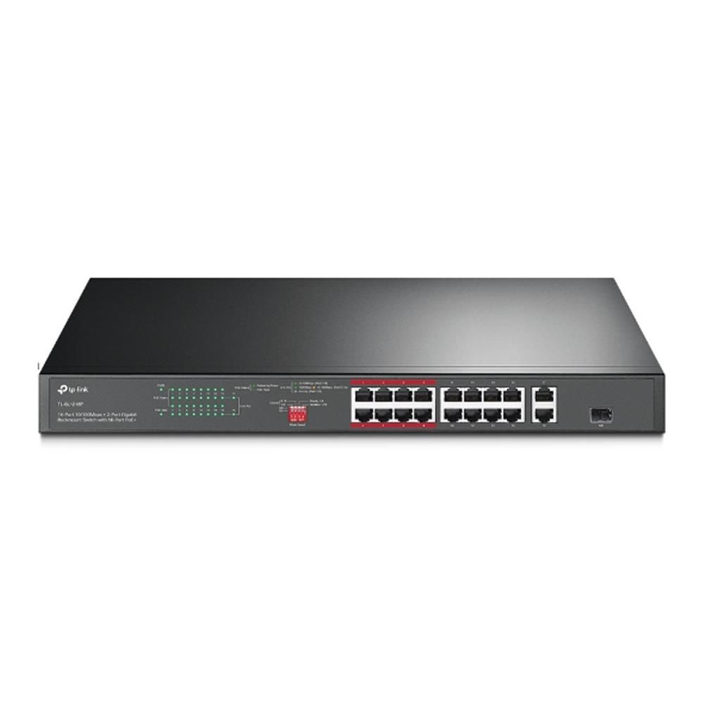 TP-Link TL‑SL1218P 16‑Port 10/100 Mbps PoE+ (802.3at/af) + 2× Gigabit RJ45 + 1× Combo Gigabit SFP Rack‑Mount Switch (150 W PoE Bütçesi)