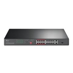 TP-Link TL‑SL1218P 16‑Port 10/100 Mbps PoE+ (802.3at/af) + 2× Gigabit RJ45 + 1× Combo Gigabit SFP Rack‑Mount Switch (150 W PoE Bütçesi)
