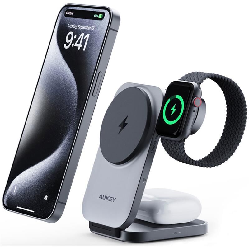 AUKEY LC-MC312-GY MagFusion Z Qi2 15W Katlanabilir 3’ü 1 Arada Mıknatıslı Kablosuz Şarj Cihazı
