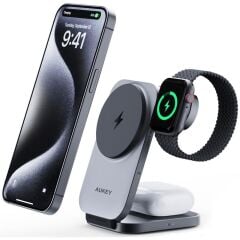 AUKEY LC-MC312-GY MagFusion Z Qi2 15W Katlanabilir 3’ü 1 Arada Mıknatıslı Kablosuz Şarj Cihazı
