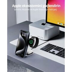 AUKEY LC-MC312-GY MagFusion Z Qi2 15W Katlanabilir 3’ü 1 Arada Mıknatıslı Kablosuz Şarj Cihazı