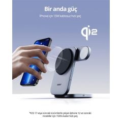 AUKEY LC-MC312-GY MagFusion Z Qi2 15W Katlanabilir 3’ü 1 Arada Mıknatıslı Kablosuz Şarj Cihazı