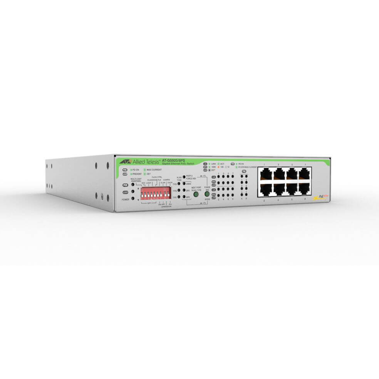 Allied Telesis AT-GS920/8PS-50 8-Port Gigabit Ethernet Yönetilemez PoE+ Switch (62W Toplam Bütçe)