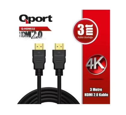 QPORT Q-HDMI32 HDMI 2.0 V 3 Metre 4K 60Hz Ultra HD Görüntü ve Ses Aktarım Kablosu Altın Uçlu High Speed HDMI Kablo