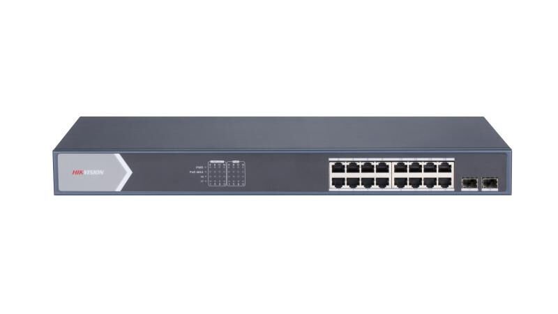 HIKVISION DS‑3E1518P‑SI 16× Gigabit PoE (IEEE 802.3af/at) Port + 2× Gigabit GE/SFP, PoE Bütçesi 225 W, 36 Gbps Switching, 6 KV Surge Protection PoE Switch