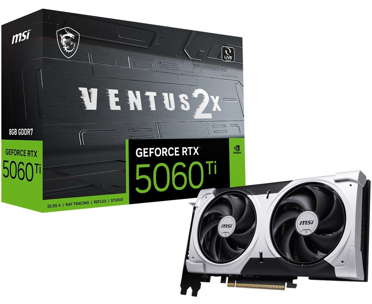 MSI GeForce RTX 5060 Ti 8G VENTUS 2X OC PLUS 8GB GDDR7 128‑Bit PCI Express Gen 5.0 x16 (3×DisplayPort v2.1b + 1×HDMI 2.1b) (Boost OC: 2617 MHz) Siyah