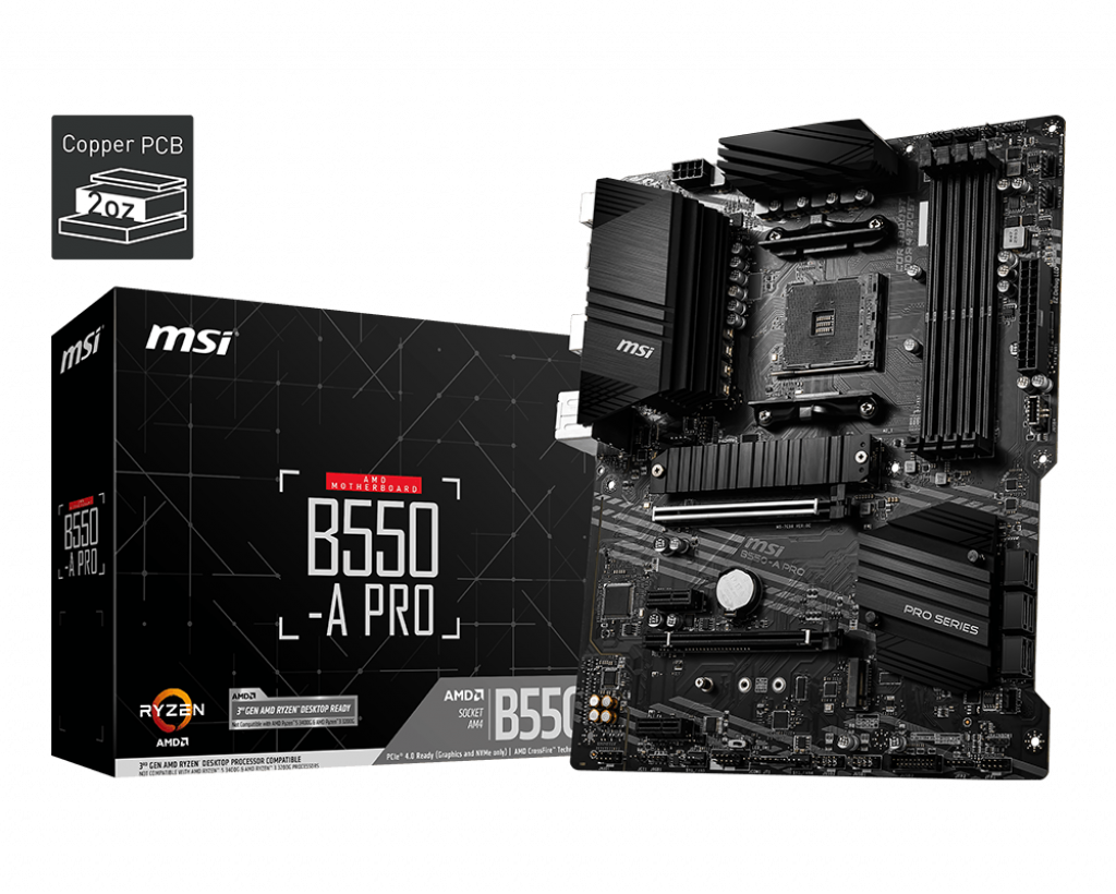 MSI B550‑A PRO AMD B550 Chipset Socket AM4 ATX DDR4 4×DIMM 3200 MHz (OC 4400 MHz) 2×M.2 Thunderbolt 3.2 Gen 2 HDMI / DisplayPort USB‑C Anakart (3. Nesil Ryzen Uyumlu)