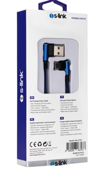 S-LINK SWAPP SW-C757 3A 15cm USB Type-C Lacivert Kılıflı Metal Uçlu Şarj ve Data Kablosu