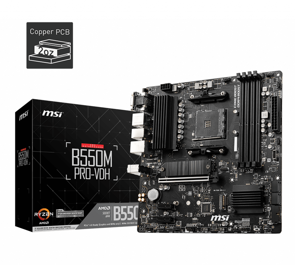 MSI B550M PRO‑VDH DDR4 4400 MHz (OC) 4 DIMM 128 GB 1×VGA 1×HDMI 1×DisplayPort 2×M.2 USB 3.2 Gen 1 AM4 B550 Mikro‑ATX Anakart (AMD Ryzen 5000 & 3000 Serisi Uyumlu)
