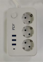 Fly 3406-01 3'lü Akım Korumalı Grup Priz 2 Metre 3 USB Şarj Çıkışı (2.1A) Işıklı Anahtarlı ve Çocuk Korumalı