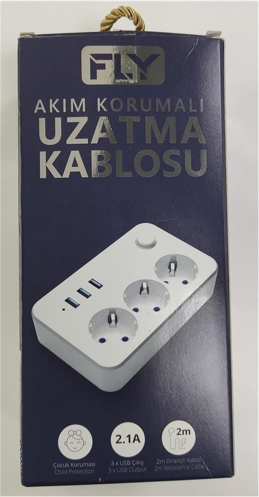 Fly 3406-01 3'lü Akım Korumalı Grup Priz 2 Metre 3 USB Şarj Çıkışı (2.1A) Işıklı Anahtarlı ve Çocuk Korumalı