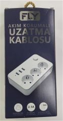 Fly 3406-01 3'lü Akım Korumalı Grup Priz 2 Metre 3 USB Şarj Çıkışı (2.1A) Işıklı Anahtarlı ve Çocuk Korumalı