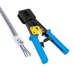 Frisby FNW‑58ECT EZ RJ45/RJ11 Yeni Nesil İkili Sıkma Pensesi – Çelik Gövde, Yaylı & Kilitlenebilir 8P8C (RJ‑45) ve 6P4C (RJ‑11) Uyumlu, Kablo Soyma ve Kesme Özellikli, Siyah‑Mavi