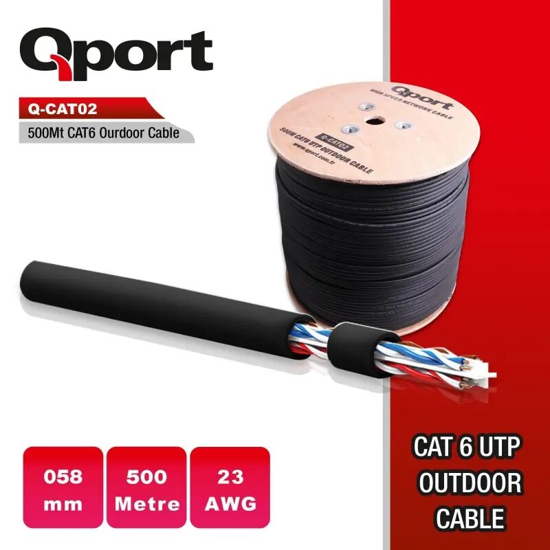 QPORT Q‑CATO2 CAT6 UTP 23 AWG (0.58 mm) 500 Metre Siyah Outdoor Dış Ortam Ethernet Kablo – Saf Bakır, UV‑Su Dayanıklı PVC