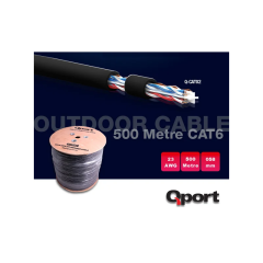 QPORT Q‑CATO2 CAT6 UTP 23 AWG (0.58 mm) 500 Metre Siyah Outdoor Dış Ortam Ethernet Kablo – Saf Bakır, UV‑Su Dayanıklı PVC